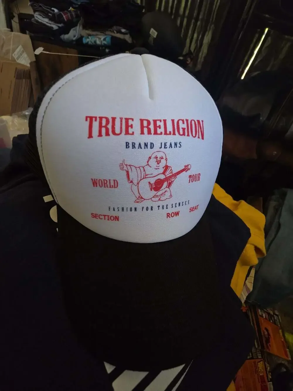 True Religion Youth Buddha World Tour Trucker Hat Black and White